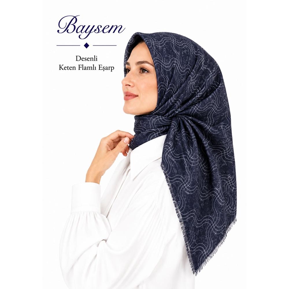 Baysem Desenli Keten Flamlı Eşarp - Desen-24